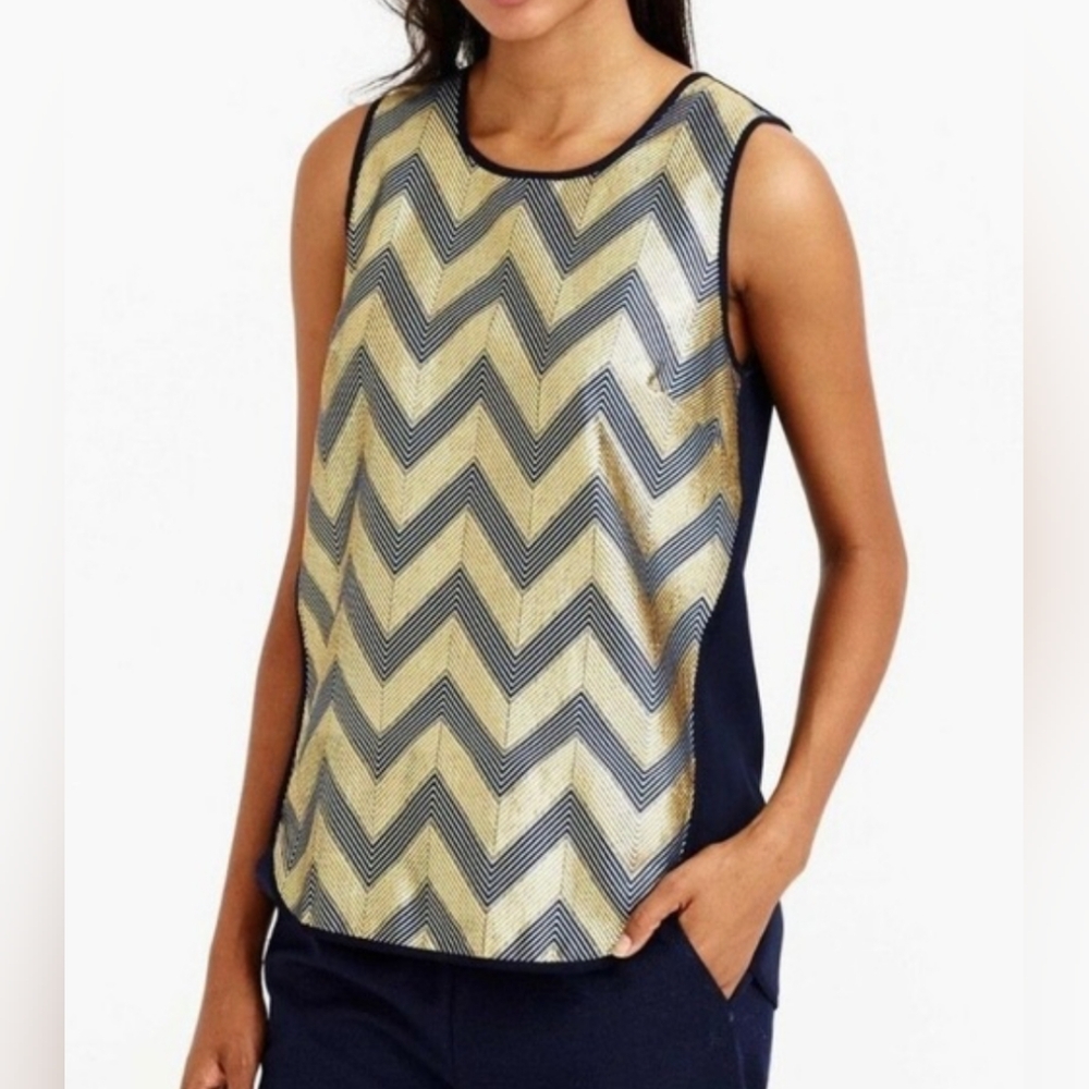 J Crew black label Metallic Gold Art deco inspired Chevron tank top Sz 8